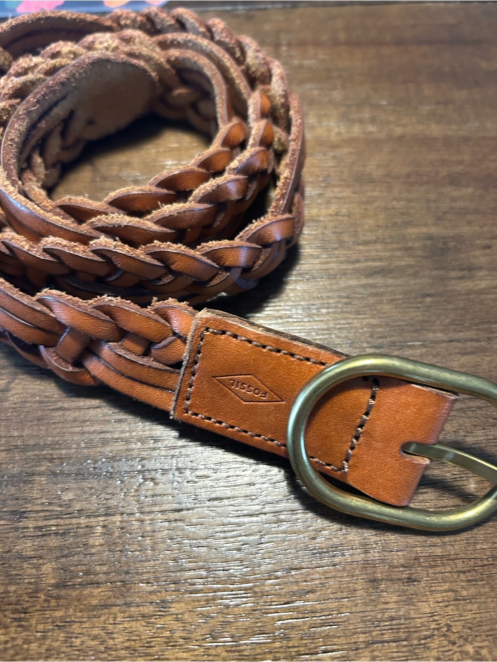 Fossil  Braided Leather Belt in Tan Brown with Brass Buckle